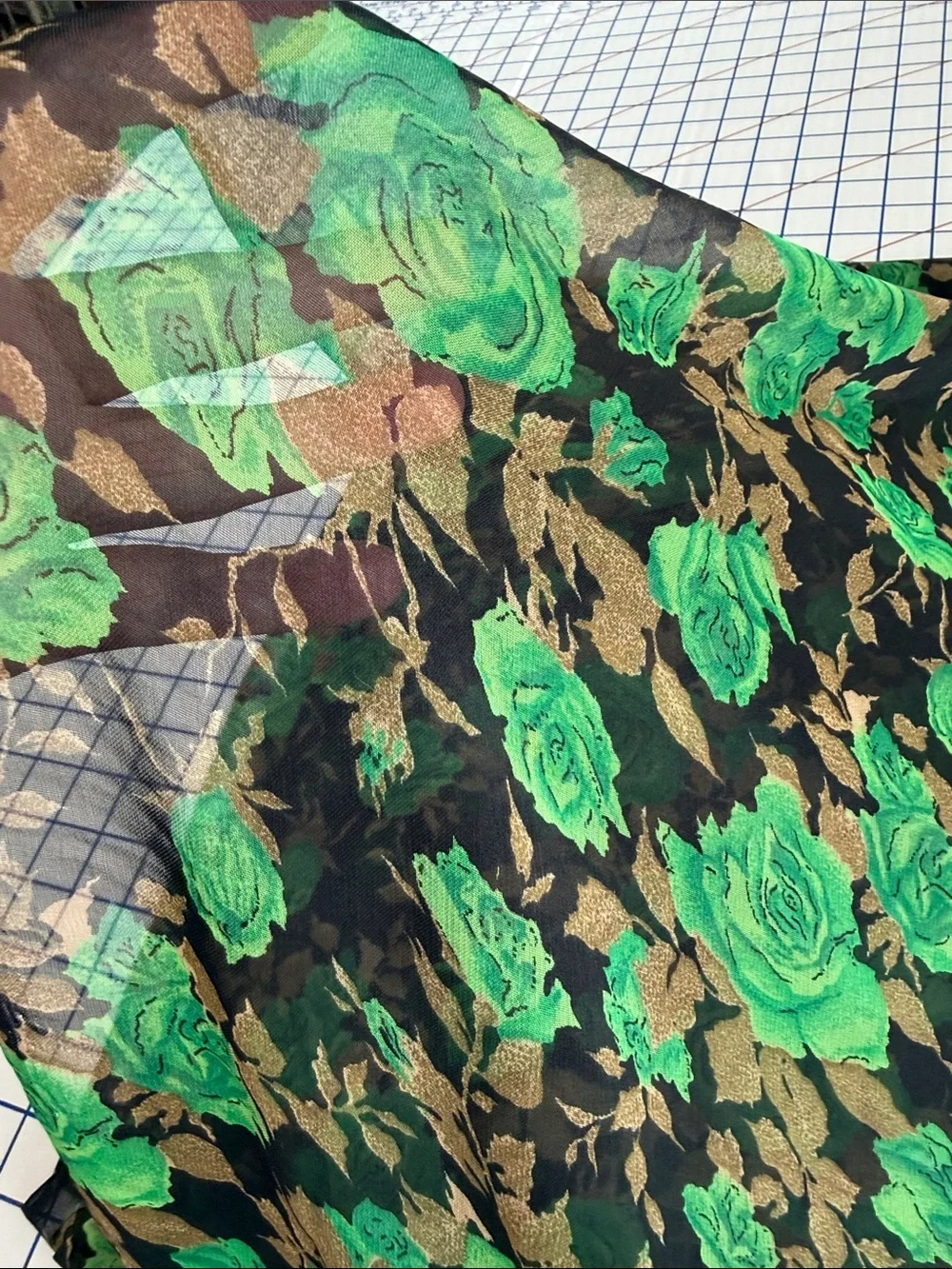 Vintage 70s Sheer Floral Fabric 4 Yards Green Roses Black Gold Flowy 42”
